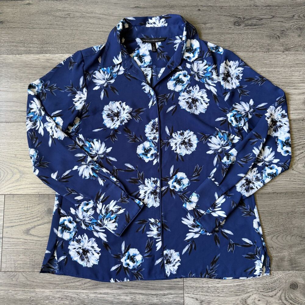 White House Black Market Women's Blue Floral Button Down Casual Blouse - Size 6